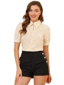 Allegra K Women's Vintage Floral Turndown Collar Split Neck Puff Short Sleeve Chiffon Elegant Blouse -Lady Clothing Store GUEST 71336d91 e484 4974 a169 a7bc6c9cf02b