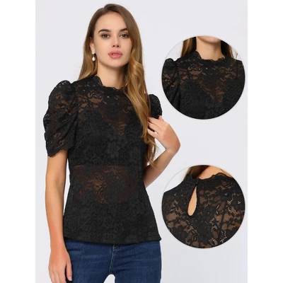 Allegra K Women's Mock Neck Puff Short Sleeves Embroidery Lace Floral Blouse 3 Allegra K Women's Mock Neck Puff Short Sleeves Embroidery Lace Floral Blouse