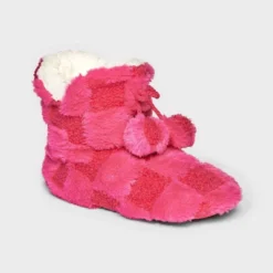 Women's Checkered Faux Fur Booties With Poms And Grippers - Pink -Lady Clothing Store GUEST 793dae5f b5d9 471d 92b0 ef04b1fd36ff
