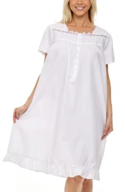 Women's Cotton Victorian Nightgown, Sophia Short Sleeve Lace Trimmed Button Up Short Sleeve Vintage Night Dress Gown -Lady Clothing Store GUEST 8049fd08 8ddc 4681 be39 a01f87498c20
