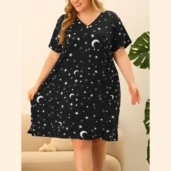 Agnes Orinda Women's Plus Size Comfort Pajamas Star Moon Pattern V Neck Short Sleeve Nightgown