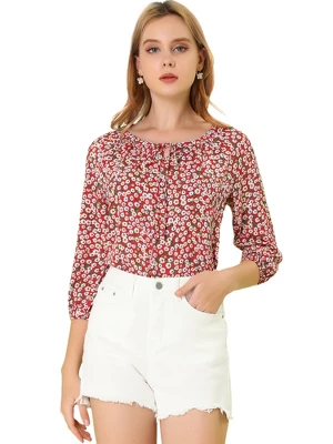 Allegra K Women's Bow Tie Round Neck 3/4 Raglan Sleeve Floral Blouse Tops 9 Allegra K Women's Bow Tie Round Neck 3/4 Raglan Sleeve Floral Blouse Tops - Image 7