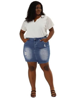 Agnes Orinda Women's Plus Size Ripped Slash Pocket Frayed Hem Denim Bodycon Skirt 4 Agnes Orinda Women's Plus Size Ripped Slash Pocket Frayed Hem Denim Bodycon Skirt - Image 2