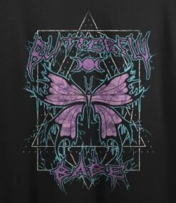 Bioworld Distressed Metal Butterfly Crew Neck Short Sleeve Women's Black Crop T-shirt
