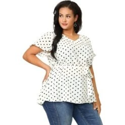 Agnes Orinda Women's Plus Size V Neck Tie Waist Polka Dots Blouse -Lady Clothing Store GUEST 8ae6bc72 e477 4c4e 8ffb 010161dfb983