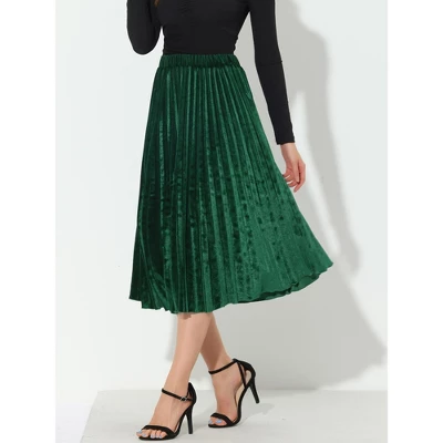 Allegra K Women's High Elastic Waist Velvet Pleated Swing Midi Skirt 2 Allegra K Women's High Elastic Waist Velvet Pleated Swing Midi Skirt