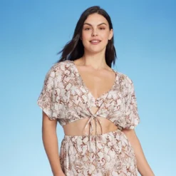 Women's Tie-Front Short Sleeve Cover Up Crop Top - Shade & Shore™ Tan Snake Print -Lady Clothing Store GUEST 8f8ed807 e5e6 460f 8791 51cfdfa30291