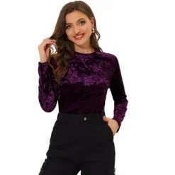 Allegra K Women's Casual Vintage Velvet Crew Neck Long Sleeve T-shirts -Lady Clothing Store GUEST 93744614 8851 4451 ac67 45c6b0786ac9