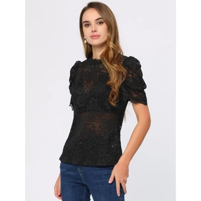 Allegra K Women's Mock Neck Puff Short Sleeves Embroidery Lace Floral Blouse 5 Allegra K Women's Mock Neck Puff Short Sleeves Embroidery Lace Floral Blouse - Image 3