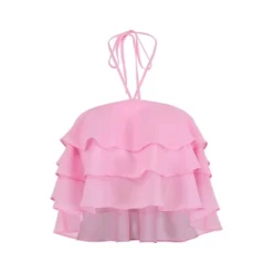 Women's Tiered Ruffle Cropped Halter Top - Begonia Pink -Lady Clothing Store GUEST 99bbfc84 7200 46f1 8733 6ccd6e121297