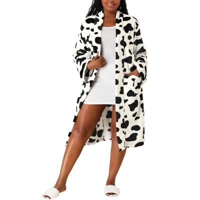 Agnes Orinda Women's Plus Size Flannel Cow Print Self Tie Waist Mid-Length Robe 8 Agnes Orinda Women's Plus Size Flannel Cow Print Self Tie Waist Mid-Length Robe - Image 6