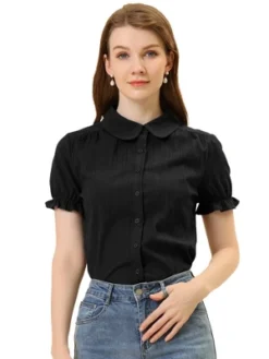 Allegra K Women's Collared Frilled Short Sleeve Solid Shirts -Lady Clothing Store GUEST 9f5ca314 497a 49d2 8c76 8a97fad30567