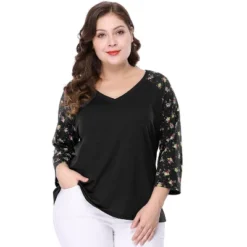 Agnes Orinda Women's Plus Size V Neck 3/4 Sleeve Raglan Floral Print Peasant Tops -Lady Clothing Store GUEST a20b6921 d44c 4ea3 bca0 f5e0670c5728