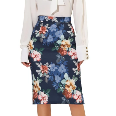 Allegra K Women's Floral Elastic Waistband Bodycon Pencil Skirt With Back Slit 9 Allegra K Women's Floral Elastic Waistband Bodycon Pencil Skirt With Back Slit - Image 7