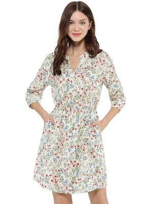 Allegra K Women's Button Front Floral Print V Neck 3/4 Sleeves Above Knee Dresses 14 Allegra K Women's Button Front Floral Print V Neck 3/4 Sleeves Above Knee Dresses - Image 12