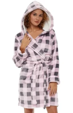 Women's Classic Plush Hooded Robe, Short Fleece Plaid Bathrobe With Hood -Lady Clothing Store GUEST aa8ffd02 c330 44a4 9055 f90f63e15fcf