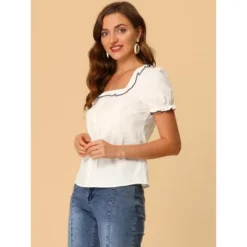 Allegra K Women's Puff Sleeve Ruffle Tops Summer Elegant Work Square Neck Blouse -Lady Clothing Store GUEST ac8d8cc0 96f5 4c77 a4b8 08f0cbf0c439