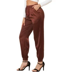 Allegra K Women's Drawstring Elastic Waist Athleisure Pants Ankle Length Satin Joggers With Pocket -Lady Clothing Store GUEST acba4b44 dd1f 48c0 95c2 1dbb6274a2f7