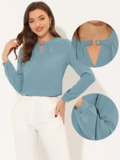 Allegra K Women's Choker V Neck Keyhole Long Sleeve Elegant Blouse