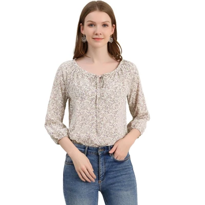 Allegra K Women's Bow Tie Round Neck 3/4 Raglan Sleeve Floral Blouse Tops 15 Allegra K Women's Bow Tie Round Neck 3/4 Raglan Sleeve Floral Blouse Tops - Image 13
