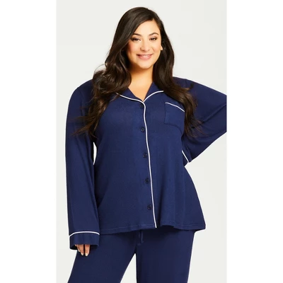 Women's Plus Size Hacci Button Plain Top - Navy | AVENUE 5 Women's Plus Size Hacci Button Plain Top - Navy | AVENUE - Image 3