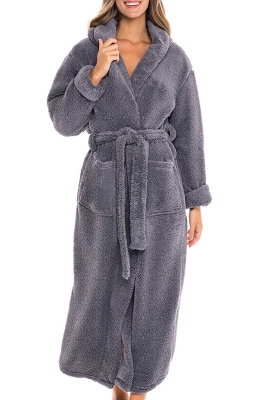 Women's Fuzzy Plush Fleece Bathrobe With Hood, Soft Warm Hooded Lounge Robe 12 Women's Fuzzy Plush Fleece Bathrobe With Hood, Soft Warm Hooded Lounge Robe - Image 10