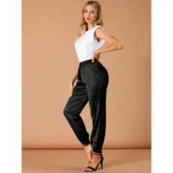 Allegra K Women's Drawstring Elastic Waist Athleisure Pants Ankle Length Satin Joggers With Pocket -Lady Clothing Store GUEST c436b1fc b426 43cd 924d c53d15ed99a9