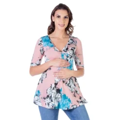 24seven Comfort Apparel Pink Floral Elbow Sleeve Henley Maternity Tunic Top -Lady Clothing Store GUEST c7caebc4 4537 43b6 a098 47180ee7631e