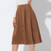 Allegra K Women's Faux Suede Button Front High Waist Pleated Midi Skater Skirt