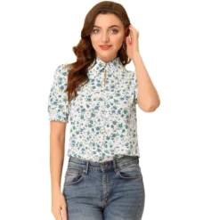 Allegra K Women's Vintage Floral Turndown Collar Split Neck Puff Short Sleeve Chiffon Elegant Blouse -Lady Clothing Store GUEST cee1d401 f4ef 49c9 bb56 4dd560ef9d59
