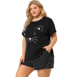 Agnes Orinda Women's Plus Size Comfort Cute Cat Print Short Sleeve Pajama Set -Lady Clothing Store GUEST d50edec8 b28e 413d 8867 03e7d5213cd1