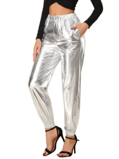 Allegra K Women's Metallic Trousers Shiny Sparkle Elastic Waist Holographic Pants -Lady Clothing Store GUEST d51d761c 8b30 427a a71c 21858bd2a4cc