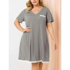 Agnes Orinda Womens Plus Size V Neck Polka Dots Short Sleeve Sleepwear Pajamas Nightgown