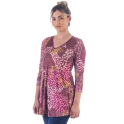 24seven Comfort Apparel Red Print V Neck Three Quarter Sleeve Tunic Top