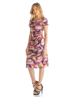 Womens Abstract Pattern Short Sleeves Knee-Length Faux Wrap Dress