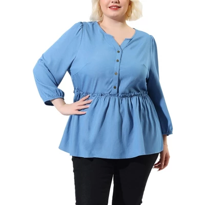 Agnes Orinda Women's Plus Size Peplum Top Pullover Puff Sleeve High Waist Chambray Blouse 9 Agnes Orinda Women's Plus Size Peplum Top Pullover Puff Sleeve High Waist Chambray Blouse - Image 7