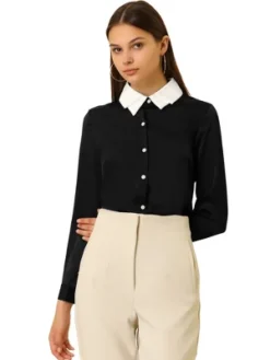 Allegra K Women's Work Tops Long Sleeve Contrast Collar Satin Button Down Shirt -Lady Clothing Store GUEST db7d93ef d7f5 4327 81d2 d30d61cbd66a