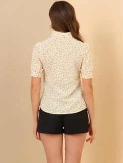Allegra K Women's Vintage Floral Turndown Collar Split Neck Puff Short Sleeve Chiffon Elegant Blouse -Lady Clothing Store GUEST dd27434a 250f 4e13 806c 5adb1a660374
