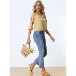 Allegra K Women's Bow Tie Round Neck 3/4 Raglan Sleeve Floral Blouse Tops