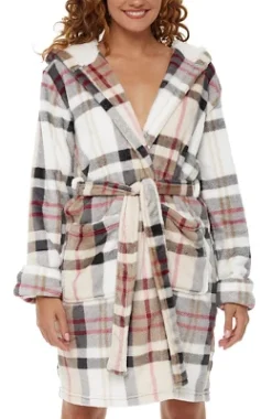 Women's Classic Plush Hooded Robe, Short Fleece Plaid Bathrobe With Hood -Lady Clothing Store GUEST e239b983 32bf 4577 bdd3 60ee84b8db77