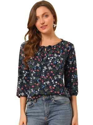Allegra K Women's Bow Tie Round Neck 3/4 Raglan Sleeve Floral Blouse Tops 12 Allegra K Women's Bow Tie Round Neck 3/4 Raglan Sleeve Floral Blouse Tops - Image 10