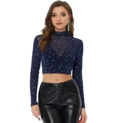 Allegra K Women's Mesh Crop Stars Mock Neck Party See Through Blouse -Lady Clothing Store GUEST e72c2af7 a9ad 49c5 b11c 09c7906a0389
