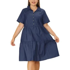 Agnes Orinda Women's Plus Size Babydoll Half Placket Elastic Back Button Chambray Dresses -Lady Clothing Store GUEST e7401aa0 228b 46c9 bd52 4608042ac24e