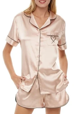 Womens Satin Pajamas Lounge Set, Silk Like Short Sleeve Top And Shorts With Pockets -Lady Clothing Store GUEST e8fcd156 44bb 4da7 b658 4ab52050c9eb