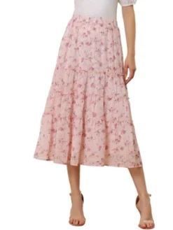 Allegra K Women's Floral Elastic Waist Tiered Ruffle Boho Midi Skirts -Lady Clothing Store GUEST ec8b46f1 c2c6 414b b188 3ae51c20f770