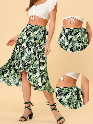 Allegra K Women's Tie Waist Hawaiian Tropical Floral Wrap Midi Skirt 3 Allegra K Women's Tie Waist Hawaiian Tropical Floral Wrap Midi Skirt