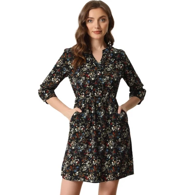 Allegra K Women's Button Front Floral Print V Neck 3/4 Sleeves Above Knee Dresses 9 Allegra K Women's Button Front Floral Print V Neck 3/4 Sleeves Above Knee Dresses - Image 7