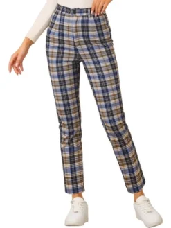 Allegra K Women's Plaid Trousers Button Casual Tartan Check Work Pants -Lady Clothing Store GUEST f559c084 cb49 4aed ad6d 6db7560efebf