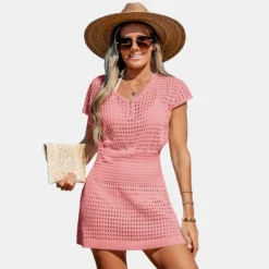Women's Crochet Knit Cutout V-Neck Cover-Up Mini Dress - Cupshe -Lady Clothing Store GUEST fc891ae6 658f 4631 af8b 3ad9bee0c45a