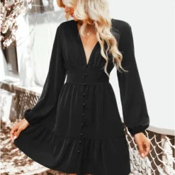 Women's Plunge Neck Button Loop Mini Dress - Cupshe -Lady Clothing Store GUEST ff09052b 037b 4966 a340 da179c0cccfd